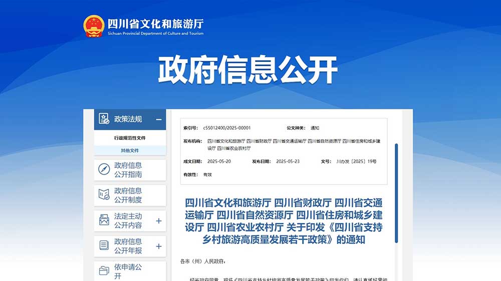 四川：六大部門聯(lián)合印發(fā)《若干政策》，推出11項(xiàng)措施，支持鄉(xiāng)村旅游高質(zhì)量發(fā)展！